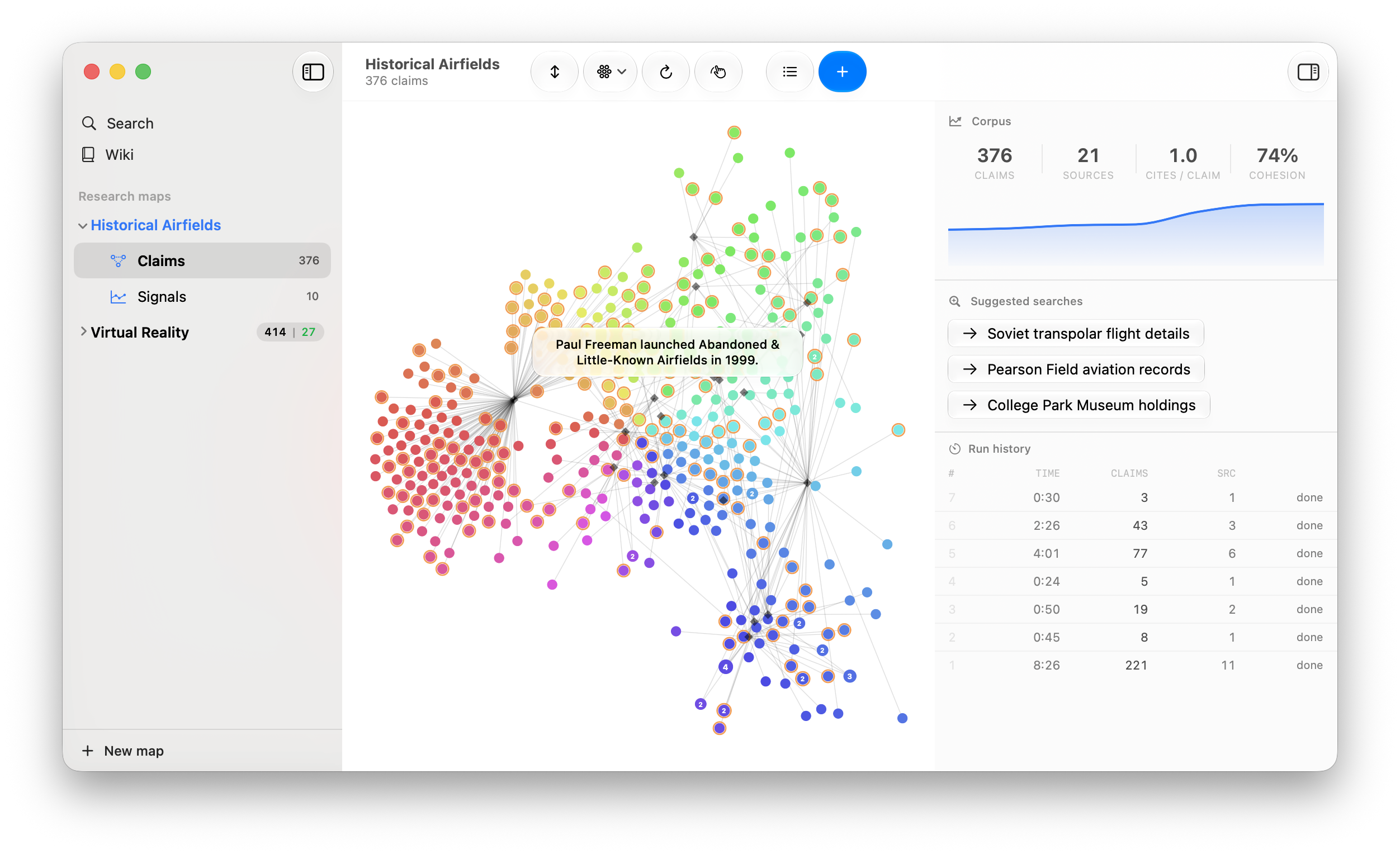 The Cluster window in light appearance: a sidebar of research maps at left, a force-directed cloud of coloured claim dots in the centre, and a pane at right showing corpus statistics, suggested searches and run history.